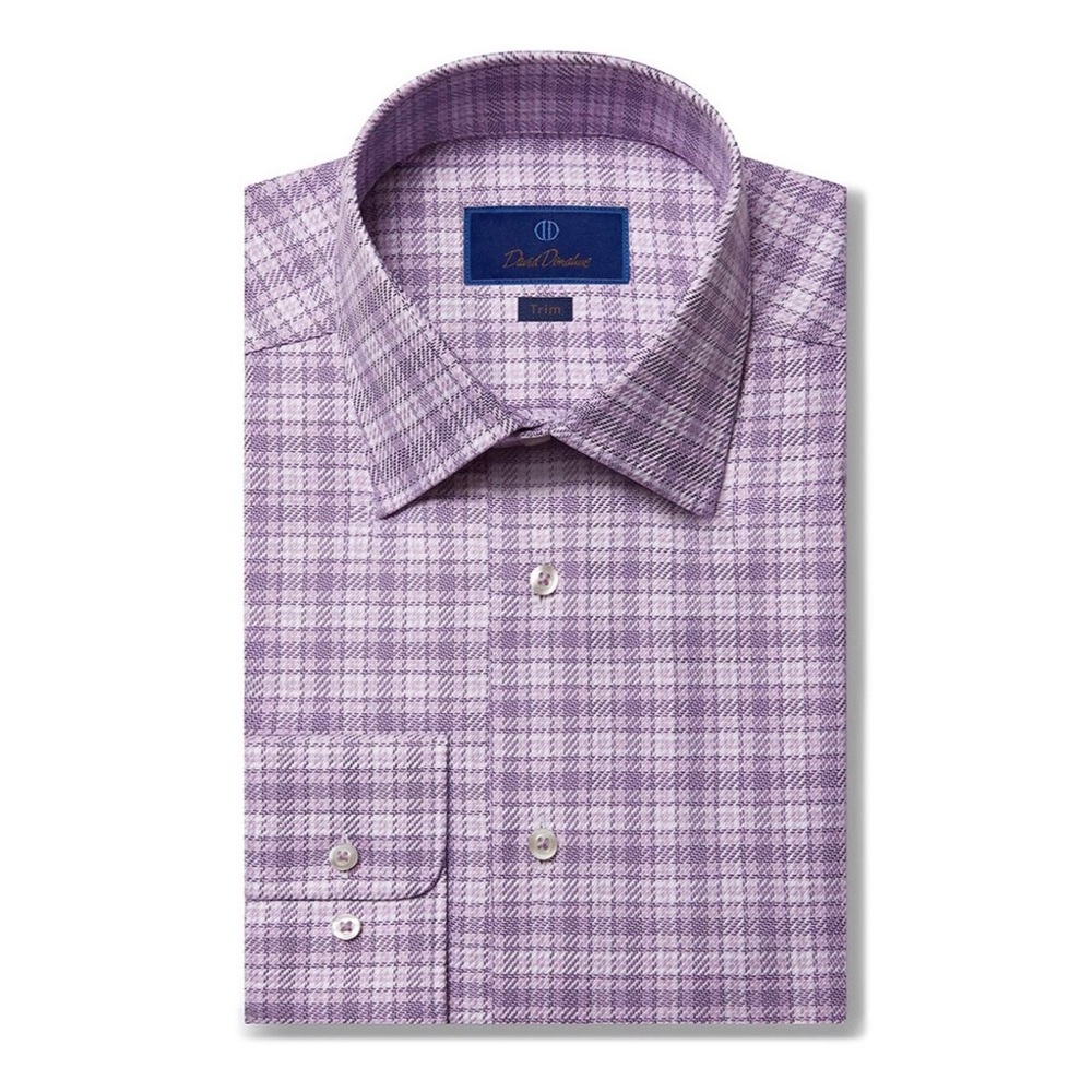 David Donahue Trim Fit Purple Plaid Dress Shirt